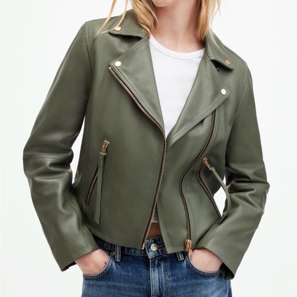 All Saints Dalby Biker 100% lamb leather moto jacket sage green size 6 NWT - Picture 2 of 14